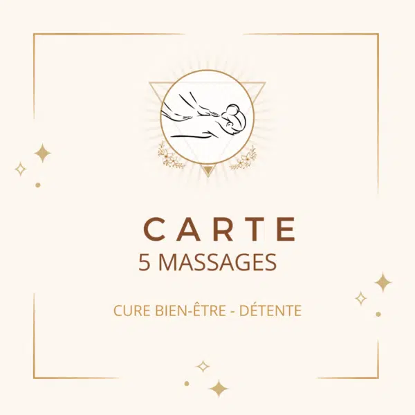 Carte 5 massages à Aix les Bains. Utilisable pour une cure bien-être ou pour des rendez-vous réguliers